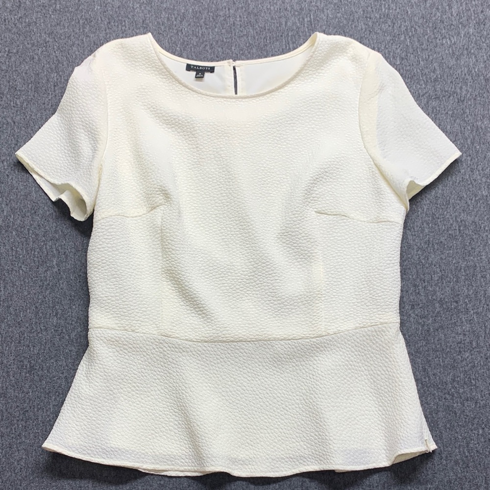 Talbots Cream Peplum Short Sleeve Textured Top Size 8